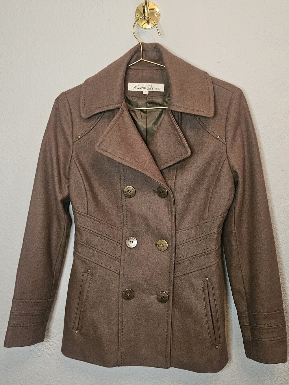 Kenneth Cole NY Corset Waist Wool Peacoat Brown Size 2 Hourglass Coat
